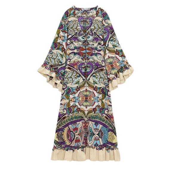 Zara Multicolor Printed Ruffle Hem Maxi Dress Size XS - Picture 1 of 12